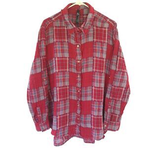 7 For All Mankind Women Sz XL Red Flannel Color block Button Up Western Shirt